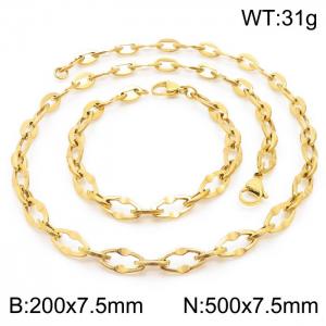 7.5mm Width Gold-Plated Stainless Steel Oval Links 500mm Necklace&200mm Bracelet Jewelry Set - KS201390-Z