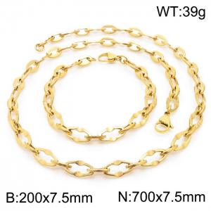 7.5mm Width Gold-Plated Stainless Steel Oval Links 700mm Necklace&200mm Bracelet Jewelry Set - KS201394-Z