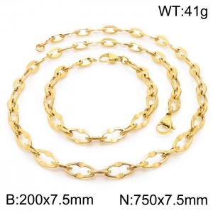 7.5mm Width Gold-Plated Stainless Steel Oval Links 750mm Necklace&200mm Bracelet Jewelry Set - KS201395-Z