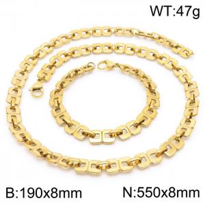 8mm Width Gold-Plated Stainless Steel Squre Hole Links 550mm Necklace&190mm Bracelet Jewelry Set - KS201433-Z