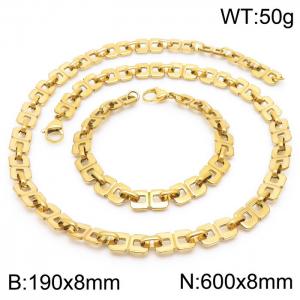 8mm Width Gold-Plated Stainless Steel Squre Hole Links 600mm Necklace&190mm Bracelet Jewelry Set - KS201434-Z