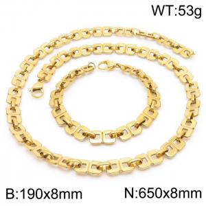 8mm Width Gold-Plated Stainless Steel Squre Hole Links 650mm Necklace&190mm Bracelet Jewelry Set - KS201435-Z