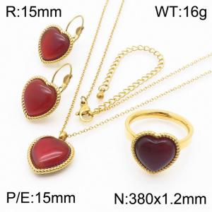 European and American trend French stainless  steel heart-shaped ruby ladies jewelry combination set - KS201570-GC