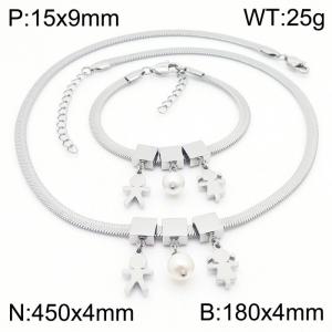 Silver Color Boy And Girl  Pearl  Chunky Chain Stainless Steel Pendant Bracelet Necklace For Women Jewelry sets - KS203087-KFC