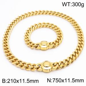 18K Gold-plated Stainless Steel Jewelry Set Round Clasp Thick Chain Bracelet 75cm Necklace - KS203187-Z