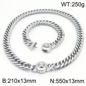 Greek Mythology Elements-Medusa Necklace & Bracelet Set Classic Cuban Chain Necklace 55cm and Bracelet 21cm Silver Hypoallergenic Stainless Steel Jewelry Set - KS203204-Z