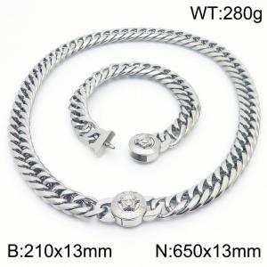 Greek Mythology Elements-Medusa Necklace & Bracelet Set Classic Cuban Chain Necklace 65cm and Bracelet 21cm Silver Hypoallergenic Stainless Steel Jewelry Set - KS203206-Z