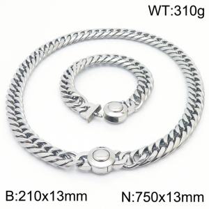 Trendy 18K Silver Cuban Chain Necklace & Bracelet Set Hypoallergenic Stainless Steel Necklace 75cm × Bracelet 21cm Simple and Stylish Jewelry Set - KS203215-Z