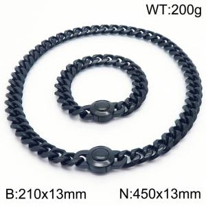 210x13mm&450x13mm European and American punk style stainless steel polished Cuban chain circular buckle black  set - KS203258-Z