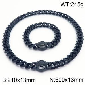 210x13mm&600x13mm European and American punk style stainless steel polished Cuban chain circular buckle black  set - KS203261-Z