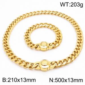 210x13mm&500x13mm European and American punk style stainless steel polished Cuban chain circular buckle  18K gold-plated set - KS203273-Z