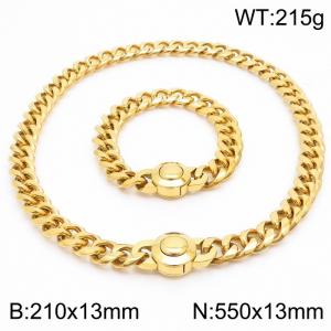 210x13mm&550x13mm European and American punk style stainless steel polished Cuban chain circular buckle  18K gold-plated set - KS203274-Z