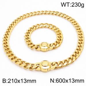 210x13mm&600x13mm European and American punk style stainless steel polished Cuban chain circular buckle  18K gold-plated set - KS203275-Z