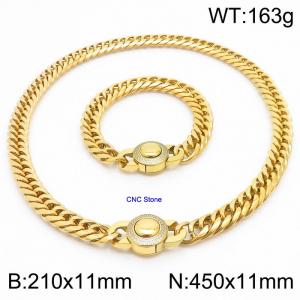 Stainless steel 210x11mm&450x11mm Cuban chain European and American fashion simple diamond inlay charm gold set - KS203300-Z