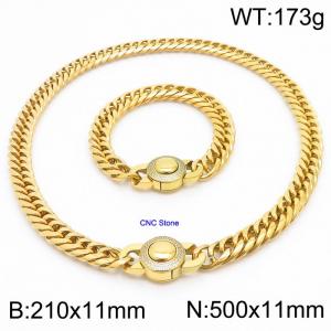 Stainless steel 210x11mm&500x11mm Cuban chain European and American fashion simple diamond inlay charm gold set - KS203301-Z