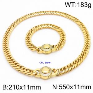 Stainless steel 210x11mm&550x11mm Cuban chain European and American fashion simple diamond inlay charm gold set - KS203302-Z