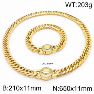 Stainless steel 210x11mm&650x11mm Cuban chain European and American fashion simple diamond inlay charm gold set - KS203304-Z