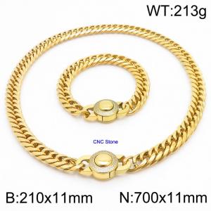 Stainless steel 210x11mm&700x11mm Cuban chain European and American fashion simple diamond inlay charm gold set - KS203305-Z