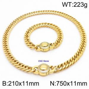 Stainless steel 210x11mm&750x11mm Cuban chain European and American fashion simple diamond inlay charm gold set - KS203306-Z