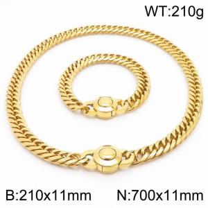 Stainless steel 210x11mm&700x11mm Cuban chain European and American fashion simple circular polishing charm gold set - KS203333-Z