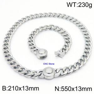 18K Silver 13mm Cuban Link Necklace & Bracelet Set With CNC Stones - 55cm Necklace × 21cm Bracelet Versatile and Trendy Stainless Steel Jewelry - KS203351-Z