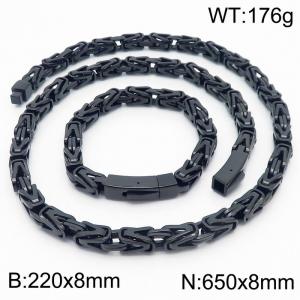 Stainless Steel Black Square Buckle Byzantine Chain Bracelet Necklace Two Piece Set - KS203396-KFC
