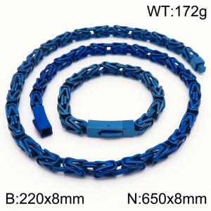 Stainless Steel Blue Square Buckle Byzantine Chain Bracelet Necklace Two Piece Set - KS203398-KFC
