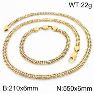 Stainless steel gold-plated round bead chain, white zircon splicing, three-layer bracelet necklace, two-piece set - KS203399-KFC