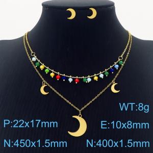 Stainless Steel Women's Moon Earrings Double Layer Colorful Necklace 2-piece Set - KS203531-MW