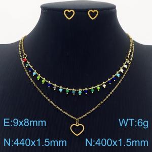 Stainless Steel Women's heart-shaped Earrings Double Layer Colorful Necklace 2-piece Set - KS203532-MW