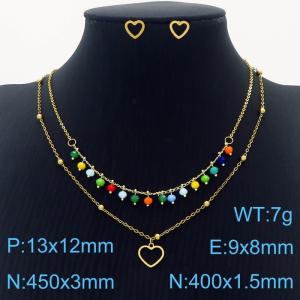 Stainless Steel Women's heart-shaped Earrings Double Layer Colorful Necklace 2-piece Set - KS203533-MW