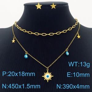 Stainless steel double layer sun eye necklace star earrings for women - KS203541-MW