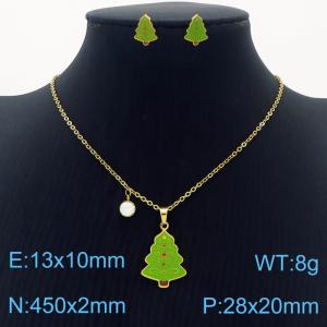 Stainless Steel Gold Color Christmas Tree Zircon Pendant Cuban Link Chain Necklaces Earrings Jewelry Sets For Women - KS203546-SS