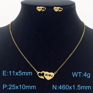 Stainless Steel Gold Color Double Heart Pendant Cuban Link Chain Necklaces Earrings Jewelry Sets For Women - KS203554-SS