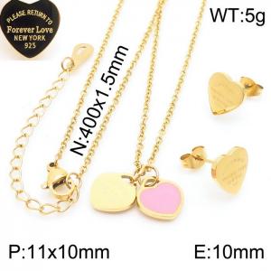 O-Chain Link Chain Stainless Steel Necklace & Earrings  With Pink Heart Shape Pendant Gold Color - KS203604-KLX