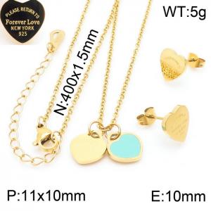 O-Chain Link Chain Stainless Steel Necklace & Earrings  With Light Green Heart Shape Pendant Gold Color - KS203605-KLX