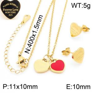 O-Chain Link Chain Stainless Steel Necklace & Earrings  With Red Heart Shape Pendant Gold Color - KS203606-KLX