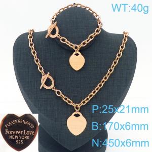 6MM O-Chain Link Chain Stainless Steel Necklace & Bracelet  With Heart Shape Pendant Rose Gold Color - KS203610-KLX