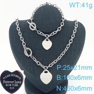 6MM O-Chain Link Chain Stainless Steel Necklace & Bracelet  With Heart Shape Pendant Silver Color - KS203611-KLX