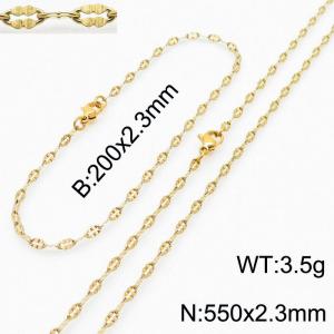 Stainless Steel 550x2.3mm Necklace 200x2.3mm Flower Link Chain Bracelet Gold Color Lobster Clasp Jewelry Sets For Women Men - KS203615-Z