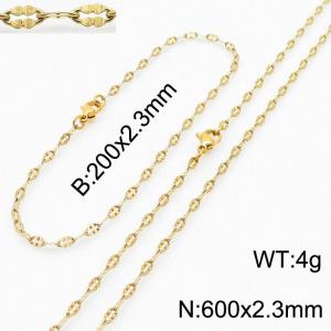 Stainless Steel 600x2.3mm Necklace 200x2.3mm Flower Link Chain Bracelet Gold Color Lobster Clasp Jewelry Sets For Women Men - KS203616-Z