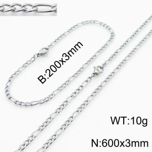 Stainless Steel 600x3mm Necklace 200x3mm Link Chain Bracelet Sets For Women Men Color Silver - KS203631-Z