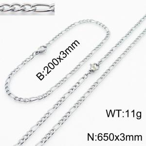 Stainless Steel 650x3mm Necklace 200x3mm Link Chain Bracelet Sets For Women Men Color Silver - KS203632-Z