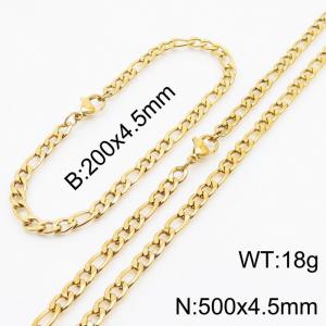 Stainless Steel 500x4.5mm Necklace 200x4.5mm Link Chain Bracelet Sets For Women Men Color Gold - KS203645-Z