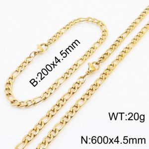 Stainless Steel 600x4.5mm Necklace 200x4.5mm Link Chain Bracelet Sets For Women Men Color Gold - KS203647-Z