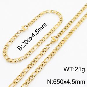 Stainless Steel 650x4.5mm Necklace 200x4.5mm Link Chain Bracelet Sets For Women Men Color Gold - KS203648-Z