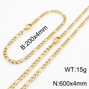 Stainless Steel 600x4mm Necklace 200x4mm Link Chain Bracelet Sets For Women Men Color Gold - KS203669-Z