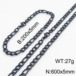 Stylish and minimalist 5mm stainless steel 3:1NK chain black bracelet necklace two-piece set - KS203674-Z