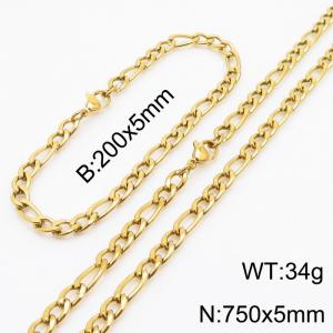 Stylish and minimalist 5mm stainless steel 3:1NK chain gold bracelet necklace two-piece set - KS203684-Z