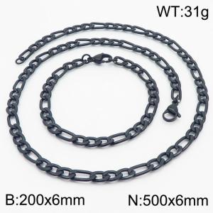 Stylish and minimalist 6mm stainless steel 3:1NK chain black bracelet necklace two-piece set - KS203693-Z